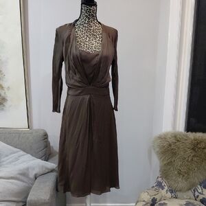 100% Silk Elegant Brown Long Sleeve V-Neck Women’s Dress